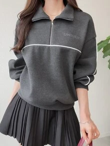 FRIFUL Middle-Aged Women Autumn Color-Block Striped Metal Zipper Stand Collar Sweatshirt - Grey - View 11