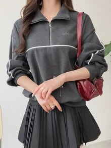 FRIFUL Middle-Aged Women Autumn Color-Block Striped Metal Zipper Stand Collar Sweatshirt - Grey - View 1