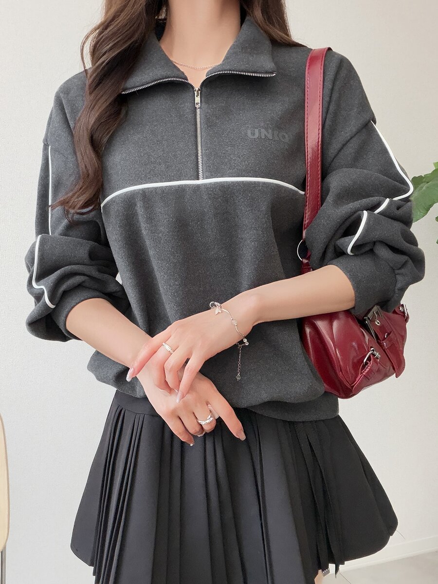 FRIFUL Middle-Aged Women Autumn Color-Block Striped Metal Zipper Stand Collar Sweatshirt - Grey - View 1