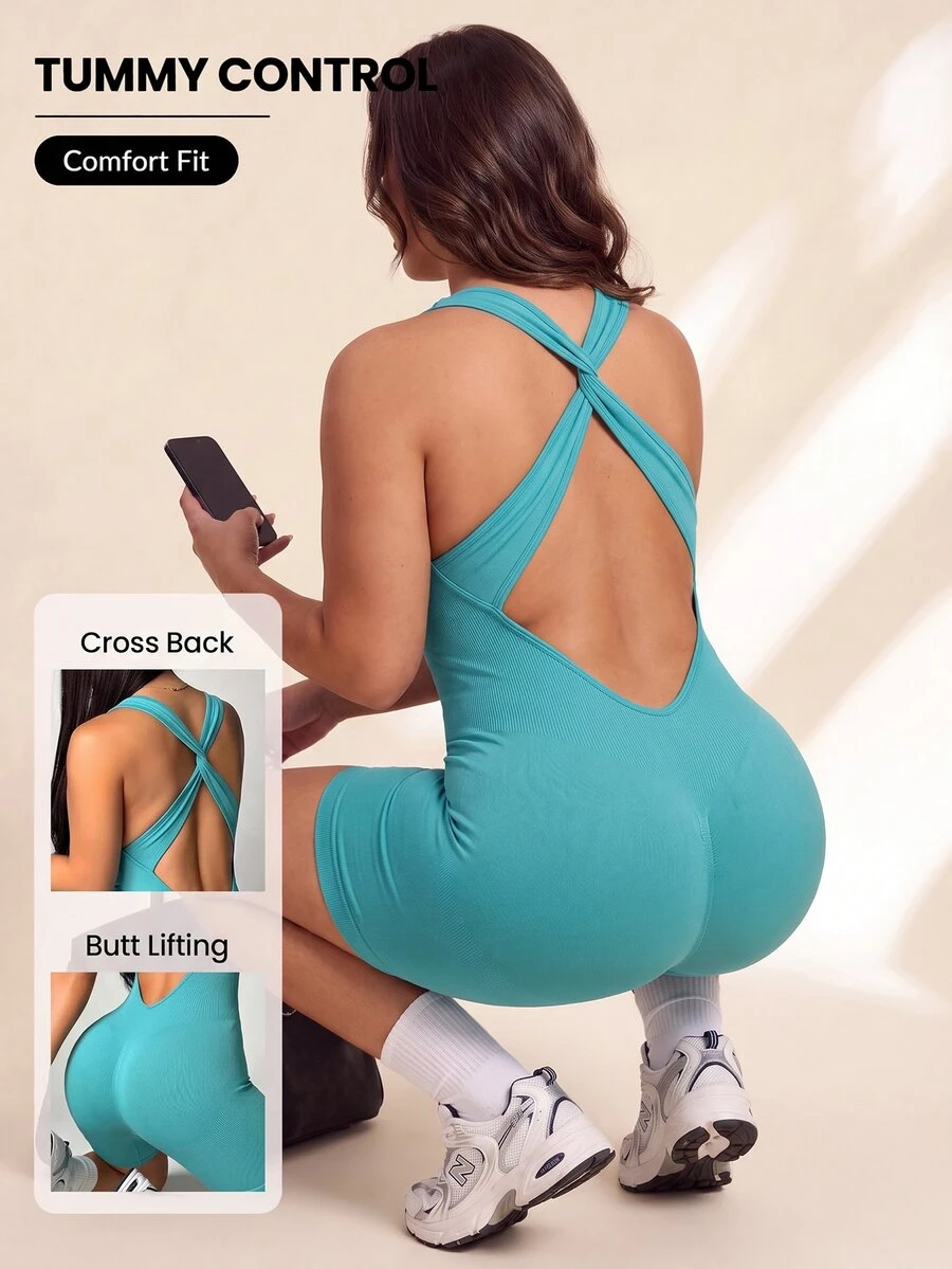 SHEIN Rhythm Era Women's Plus Size Simple Versatile Sports Romper Yoga Fitness - Green - View 1