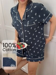 Napfluff 100% Cotton Women's Pajama Set, Short Sleeve Shorts, Double-Layer Crepe Fabric, Loose Fit Homewear 2 Pieces Set - Navy Blue - View 4