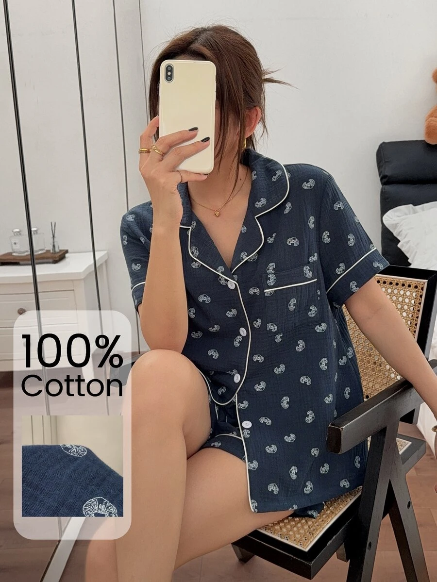 Napfluff 100% Cotton Women's Pajama Set, Short Sleeve Shorts, Double-Layer Crepe Fabric, Loose Fit Homewear 2 Pieces Set - Navy Blue - View 1