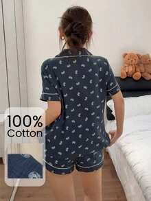 Napfluff 100% Cotton Women's Pajama Set, Short Sleeve Shorts, Double-Layer Crepe Fabric, Loose Fit Homewear 2 Pieces Set - Navy Blue - View 2