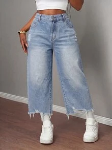 SHEIN MOD Plus Size Casual Washed Distressed Denim Jeans - Light Wash - View 1