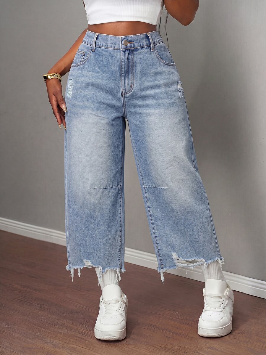 SHEIN MOD Plus Size Casual Washed Distressed Denim Jeans - Light Wash - View 1