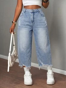 SHEIN MOD Plus Size Casual Washed Distressed Denim Jeans - Light Wash - View 4
