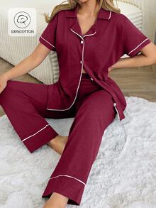 SHEIN Cottnline طقم بيجامة كلاسيكي بأزرار أمامية – ملابس علوية ناعم بأكمام طويلة & بنطال مريح بساق مستقيمة ملابس منزلية - عنابي اللون - مشاهدة 1