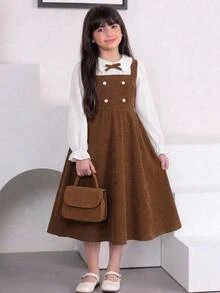 SHEIN Tween女孩卡其色燈芯絨拼接白色長袖3D蝴蝶結裝飾翻領前開襟洋裝，復古學院風精緻大蝴蝶結襯衫洋裝，休閒學院風 - 卡其色 - 查看 8
