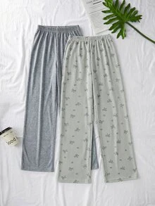SHEIN Cottnline Tall Size Women Cotton 2 Pcs Fake Drawstring Multicolor Solid High Waist Sleep Pants Home Wear - Multicolor - View 2
