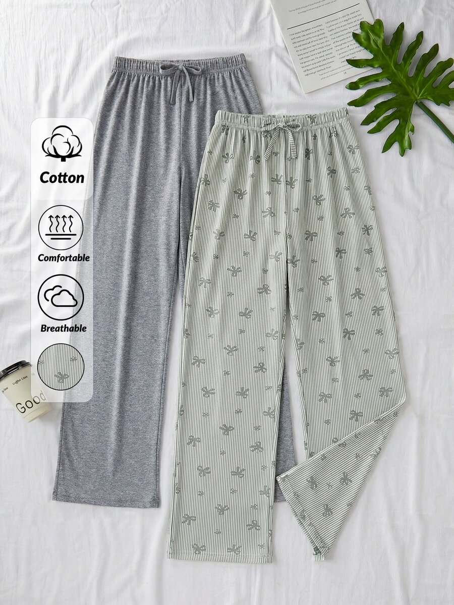 SHEIN Cottnline Tall Size Women Cotton 2 Pcs Fake Drawstring Multicolor Solid High Waist Sleep Pants Home Wear - Multicolor - View 1
