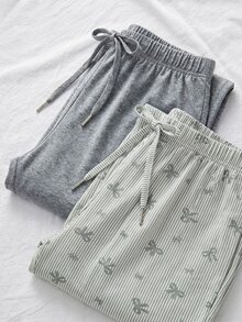 SHEIN Cottnline Tall Size Women Cotton 2 Pcs Fake Drawstring Multicolor Solid High Waist Sleep Pants Home Wear - Multicolor - View 5