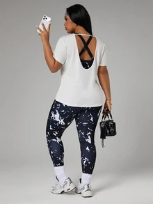 Rhythm Era 3pcs/Set Women's Casual Sports Printed T-Shirt, Tank Top & Leggings - Black and White - View 5