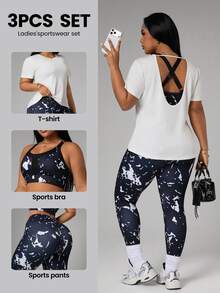 Rhythm Era 3pcs/Set Women's Casual Sports Printed T-Shirt, Tank Top & Leggings - Black and White - View 11