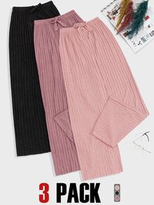 SHEIN TALL SIZE 3pcs Rib Knit Multicolour Fake Drawsting Detail Long Pants Homewear Comfort Casual - Multicolor - View 3