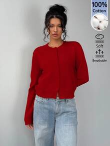 SHEIN BASICS 女款素色單排扣休閒百搭長袖開襟衫，適合教師、辦公室日常，深紅色，秋季 - 紅色 - 查看 4