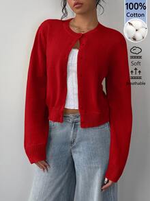 SHEIN BASICS 女款素色單排扣休閒百搭長袖開襟衫，適合教師、辦公室日常，深紅色，秋季 - 紅色 - 查看 5
