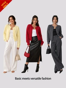 SHEIN BASICS 女款素色單排扣休閒百搭長袖開襟衫，適合教師、辦公室日常，深紅色，秋季 - 紅色 - 查看 9