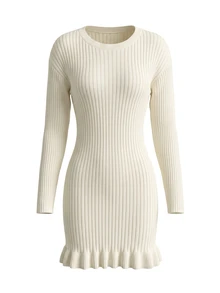 Balvessa Gaun Sweater Wanita Kasual Elegan, Modis, Lengan Panjang, Leher Bulat, Hem Bergelombang, Hem Asimetris, Rajutan Bergaris, Elastis, Potongan Ramping, Cocok untuk Semua Musim - Krem - View 5