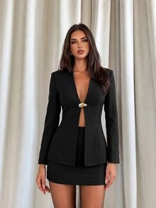 Aloruh Oatmeal Color Suit Set With V-Neck, Metal Decoration, Wide Shoulders, Slimming, Professional, Minimalist, Office Commute Outfit - Black - View 1
