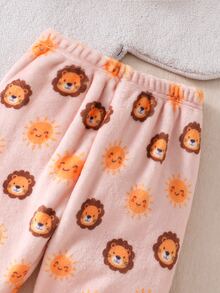2pcs/Set Boys Pajamas, Lion Embroidery, Warm Soft Skin-Friendly Fleece Long Sleeve & Long Pants Loungewear Set - Yellow - View 6