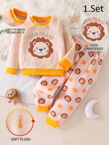 2pcs/Set Boys Pajamas, Lion Embroidery, Warm Soft Skin-Friendly Fleece Long Sleeve & Long Pants Loungewear Set - Yellow - View 5