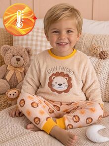 2pcs/Set Boys Pajamas, Lion Embroidery, Warm Soft Skin-Friendly Fleece Long Sleeve & Long Pants Loungewear Set - Yellow - View 1