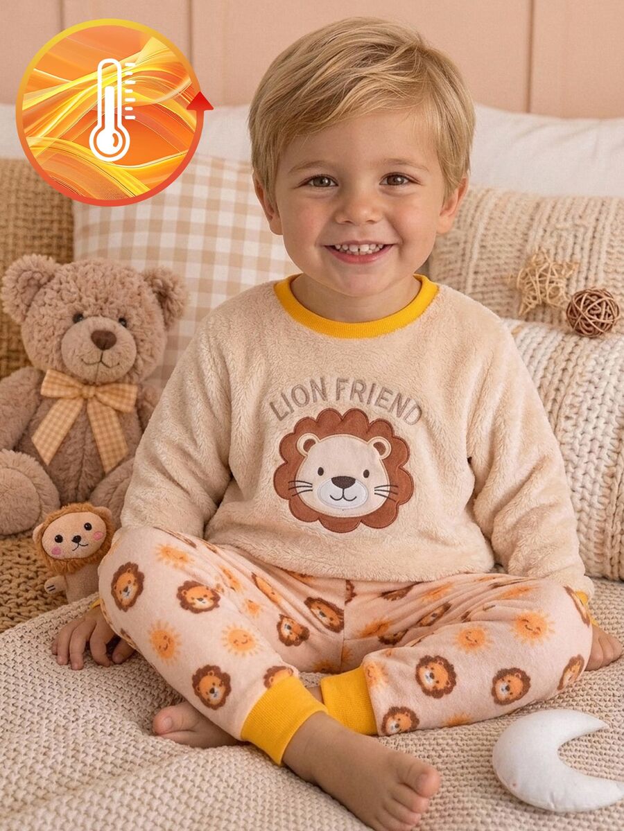 2pcs/Set Boys Pajamas, Lion Embroidery, Warm Soft Skin-Friendly Fleece Long Sleeve & Long Pants Loungewear Set - Yellow - View 1