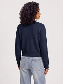 SHEIN BASICS 女款休閒短版圓領單排扣長袖開襟衫 - 藏蓝色 - 查看 2