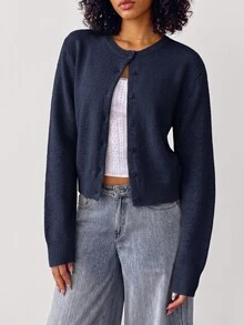SHEIN BASICS 女款休閒短版圓領單排扣長袖開襟衫 - 藏蓝色 - 查看 3