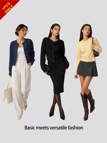 SHEIN BASICS 女款休閒短版圓領單排扣長袖開襟衫 - 藏蓝色 - 查看 6