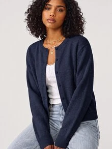 SHEIN BASICS 女款休閒短版圓領單排扣長袖開襟衫 - 藏蓝色 - 查看 4