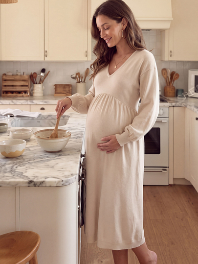 GentleRue Maternity Maternity Sweater Dress, Loose Fit, Deep V-Neck, Lantern Sleeve, Cinched Waist, Casual Daily Wear, Solid Color Knit Dress, Versatile Comfortable Pullover Sweater Dress