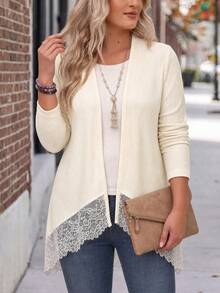 EMERY ROSE Women's Plus Size Lace Trim Ribbed Knit Casual Loose Fit Everyday Versatile Fashionable Home Commute Date Party Apricot Jacket, Spring Summer Autumn Winter - Apricot - View 8