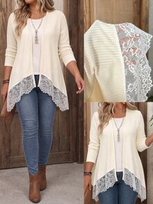 EMERY ROSE Women's Plus Size Lace Trim Ribbed Knit Casual Loose Fit Everyday Versatile Fashionable Home Commute Date Party Apricot Jacket, Spring Summer Autumn Winter - Apricot - View 6