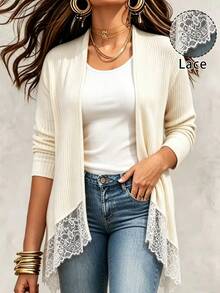 EMERY ROSE Women's Plus Size Lace Trim Ribbed Knit Casual Loose Fit Everyday Versatile Fashionable Home Commute Date Party Apricot Jacket, Spring Summer Autumn Winter - Apricot - View 9