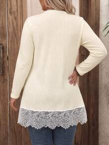 EMERY ROSE Women's Plus Size Lace Trim Ribbed Knit Casual Loose Fit Everyday Versatile Fashionable Home Commute Date Party Apricot Jacket, Spring Summer Autumn Winter - Apricot - View 3