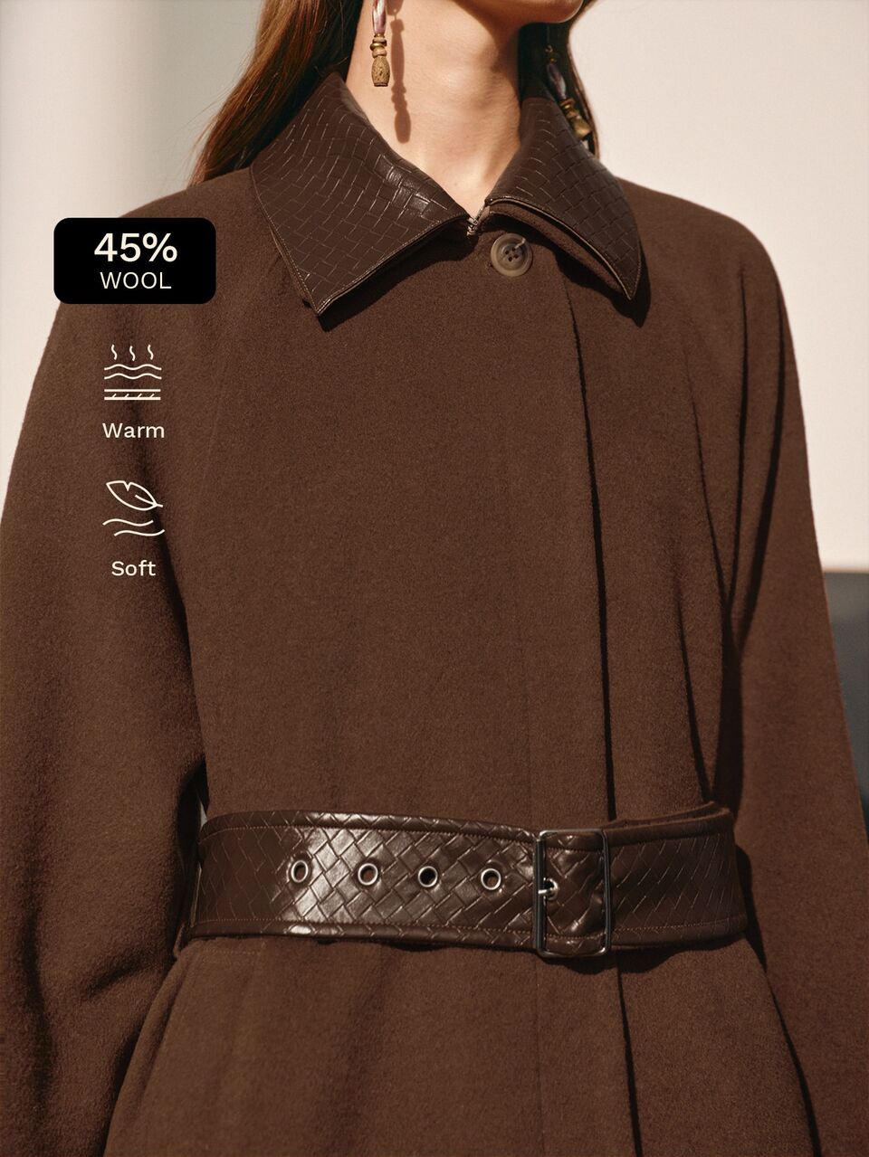 MOTF WOMEN'S WOOL BLEND LEATHER COLLAR TRENCH COAT JACKET, AUTUMN/WINTER