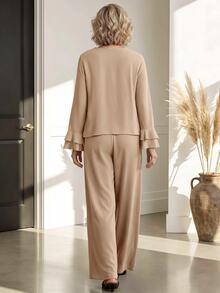 Miaspire Women's Round Neck Ruffle Cuff Top And Long Pants Set - Khaki - View 2