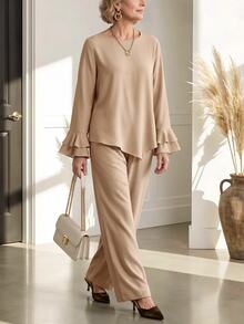 Miaspire Women's Round Neck Ruffle Cuff Top And Long Pants Set - Khaki - View 3