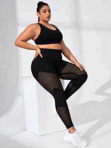SHEIN Rhythm Era 大码女式网眼拼接休闲百搭日常运动紧身裤 - 黑色 - 查看 5