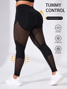 SHEIN Rhythm Era 大码女式网眼拼接休闲百搭日常运动紧身裤 - 黑色 - 查看 4