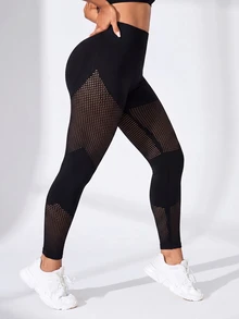 SHEIN Rhythm Era 大码女式网眼拼接休闲百搭日常运动紧身裤 - 黑色 - 查看 2