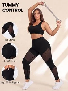 SHEIN Rhythm Era 大码女式网眼拼接休闲百搭日常运动紧身裤 - 黑色 - 查看 1