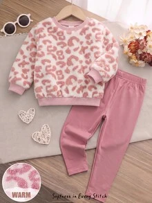 Cozy Pixies Baby Girls Pullover Autumn Sweatshirt Co- Fleece Leopard Print Crew Neck Long Sleeve Pullover Sweatshirt Elastic Waist Fitted Leggings 2 Pieces Set - Pink - View 3