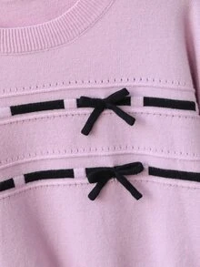 SHEIN Genkimix Kids 女童中厚款粉黑對比色可愛蝴蝶結時尚休閒甜美圓領落肩長袖針織套頭毛衣，柔軟舒適面料，適合戶外穿著、疊穿、休閒、派對、購物等場合 - 粉色 - 查看 5