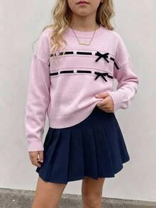 SHEIN Genkimix Kids 女童中厚款粉黑對比色可愛蝴蝶結時尚休閒甜美圓領落肩長袖針織套頭毛衣，柔軟舒適面料，適合戶外穿著、疊穿、休閒、派對、購物等場合 - 粉色 - 查看 1