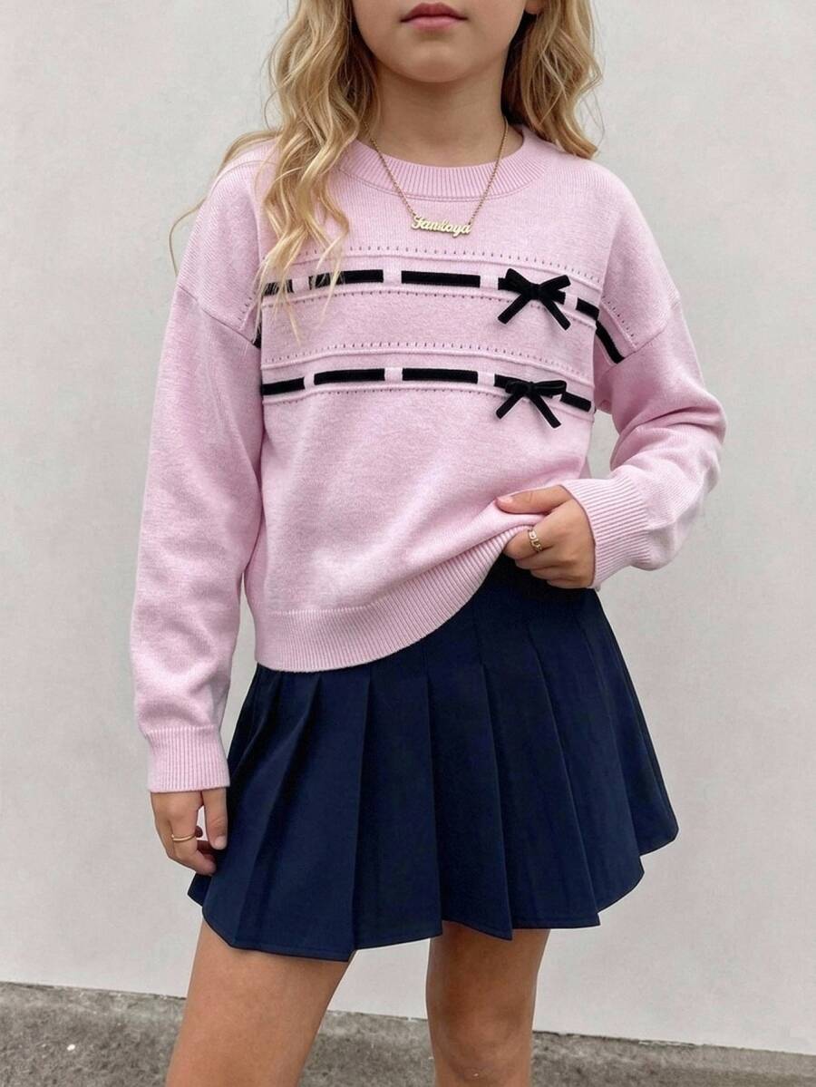 SHEIN Genkimix Kids 女童中厚款粉黑對比色可愛蝴蝶結時尚休閒甜美圓領落肩長袖針織套頭毛衣,柔軟舒適面料,適合戶外穿著、疊穿、休閒、派對、購物等場合 - 粉色 - 查看 1