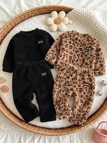 SHEIN 2件組女嬰抓絨長褲 可愛黑棕豹紋雪尼爾拼接 加厚保暖 冬季秋季度假假日 毛茸茸舒適休閒 - 彩色 - 查看 7