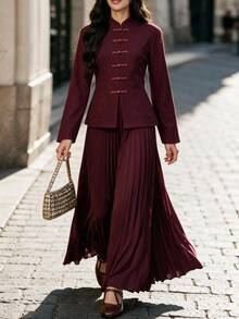 Penseblé Women's Autumn/Winter Fashion Casual Chinese Style Stand Collar Frog Button Cinched Waist Solid Color Top With Pleated Wide Leg Pants, Suitable For Daily Commute, Street Style, Home Wear, 2 Pieces Set - Burgundy - View 8