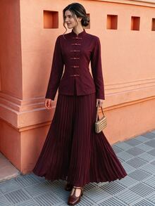 Penseblé Women's Autumn/Winter Fashion Casual Chinese Style Stand Collar Frog Button Cinched Waist Solid Color Top With Pleated Wide Leg Pants, Suitable For Daily Commute, Street Style, Home Wear, 2 Pieces Set - Burgundy - View 5